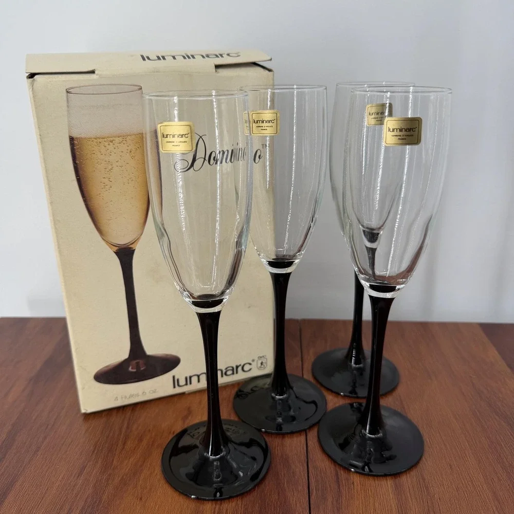 VTG Luminarc France Black Stem Champagne Flutes (4) Domino 1980s Original Box